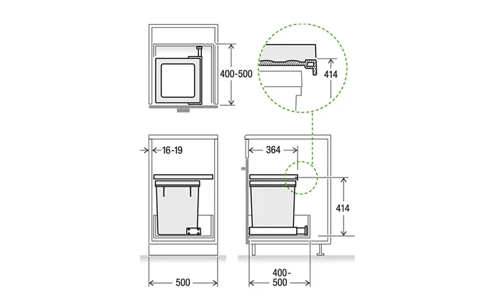 Elements Express Müllex X-Line, Set X50 L35 Basic, Einbauhöhe L, 414 mm bestehend aus: 40.002.272.00 1