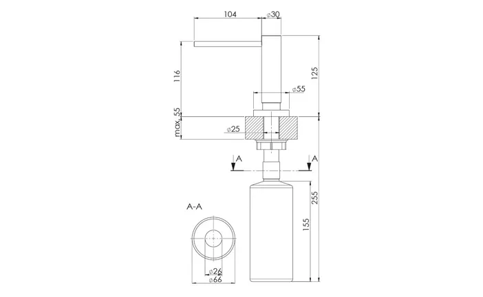 Elements Express SUTER INOX AG, Dispenser Dornbracht, Chrom, Auslauf 104 mm, Sockel D = 30 mm, mit 40.001.424 1