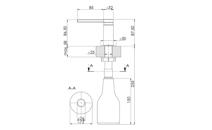 Elements Express SUTER INOX AG, Dispenser Ava, Chrom Auslauf 85 mm, Sockel D = 32 mm, 0.35 lt Flasche 40.001.130 1