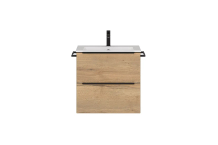 Ein Waschtischunterschrank in hellem Holzton mit integriertem Waschbecken.